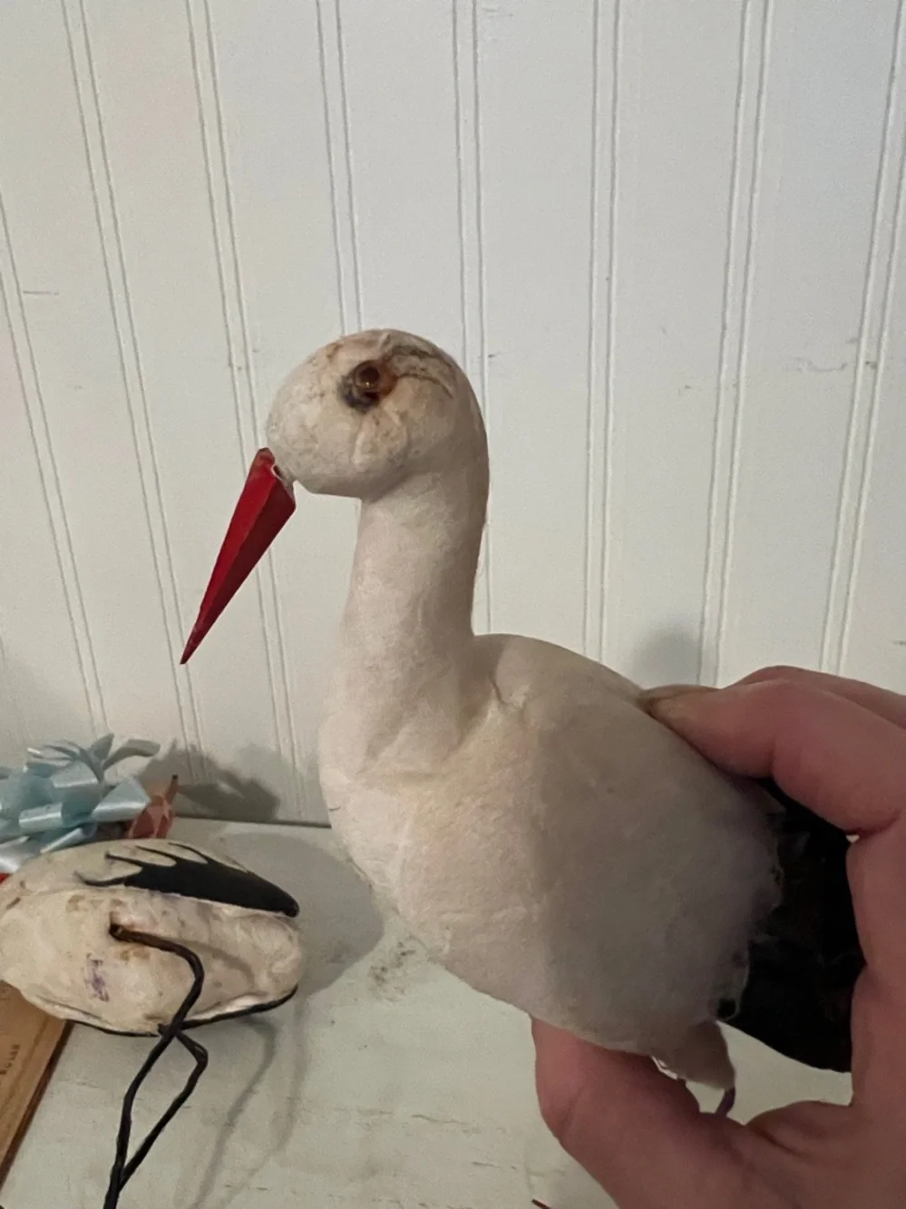 Antique Vintage Spun Cotton Stork Bird Christmas Ornament Germany 1930s plus